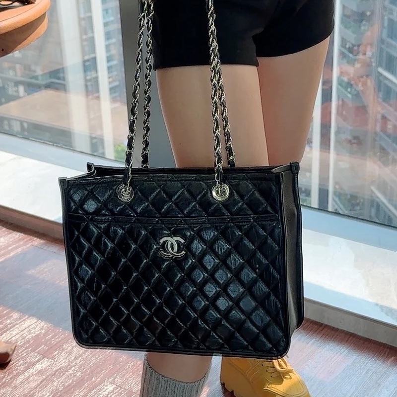 全網最低價😍Chanel黑銀復古荔枝牛皮托特單肩手提包-3