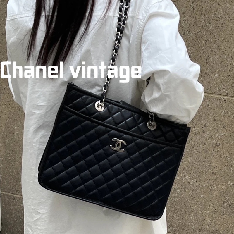 全網最低價😍Chanel黑銀復古荔枝牛皮托特單肩手提包-4