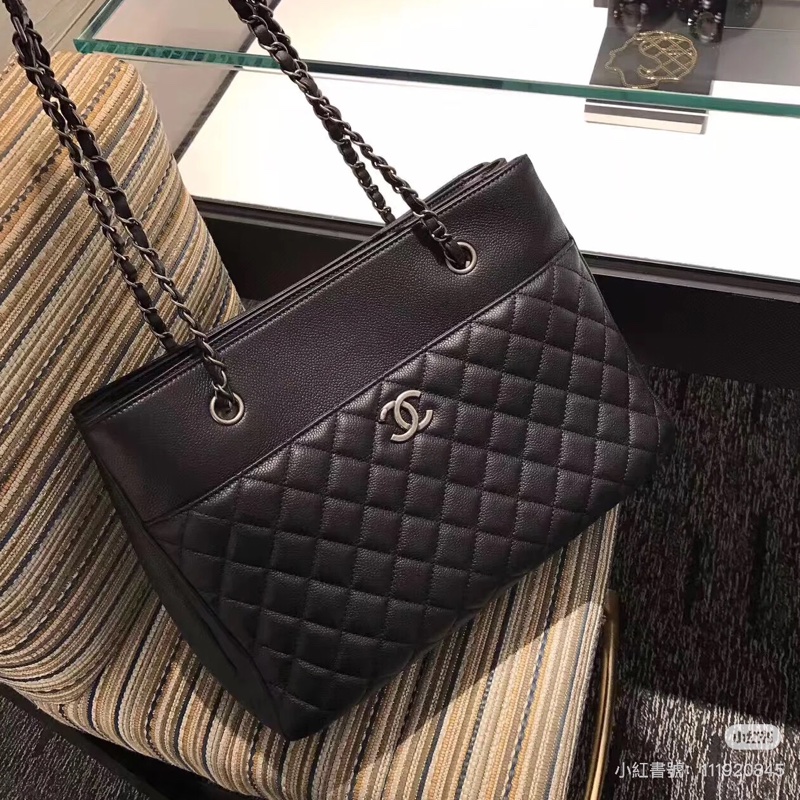 全網最低價😍Chanel黑銀復古荔枝牛皮托特單肩手提包-7