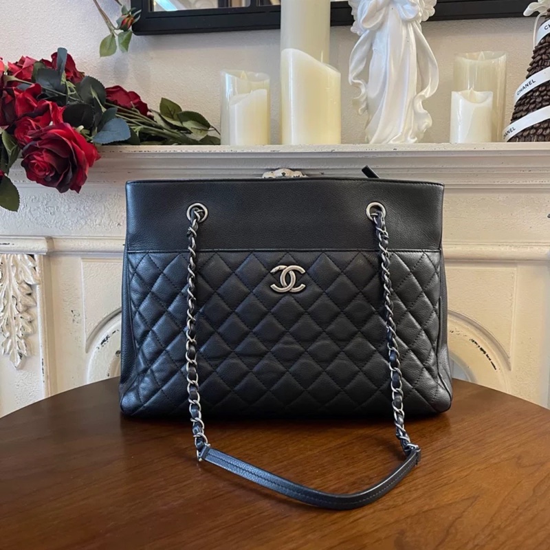 全網最低價😍Chanel黑銀復古荔枝牛皮托特單肩手提包-10