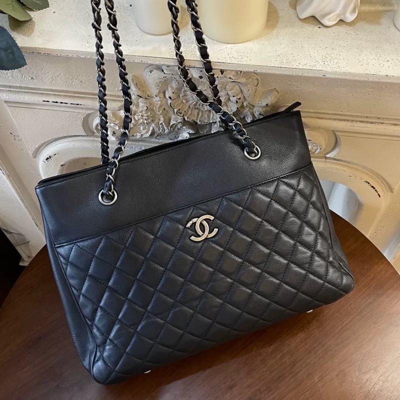 全網最低價😍Chanel黑銀復古荔枝牛皮托特單肩手提包-11