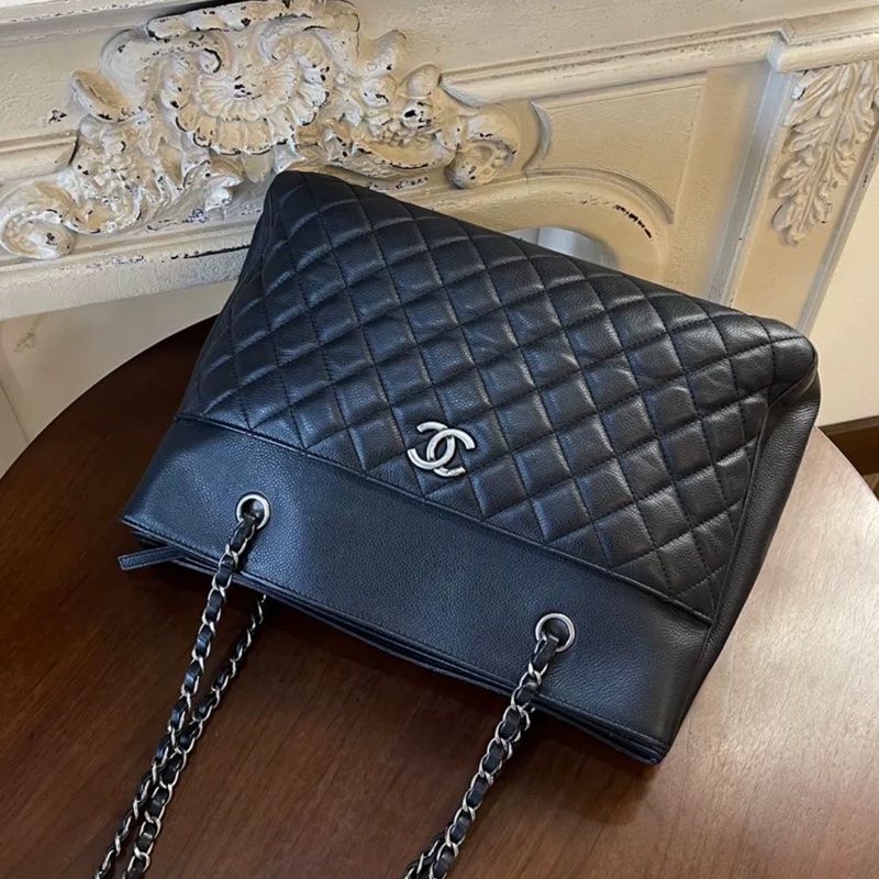 全網最低價😍Chanel黑銀復古荔枝牛皮托特單肩手提包-12