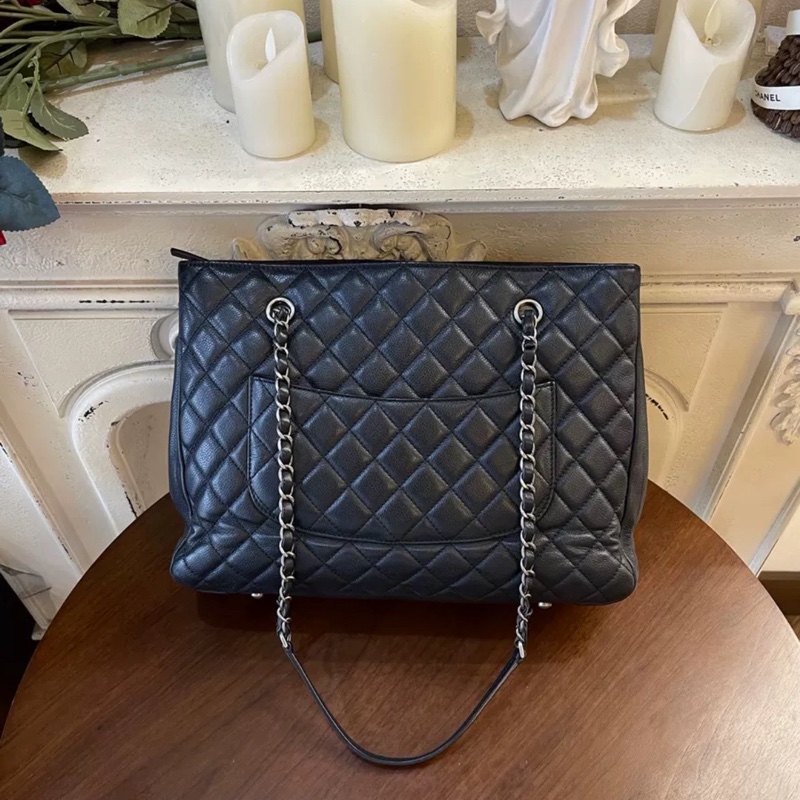 全網最低價😍Chanel黑銀復古荔枝牛皮托特單肩手提包-13