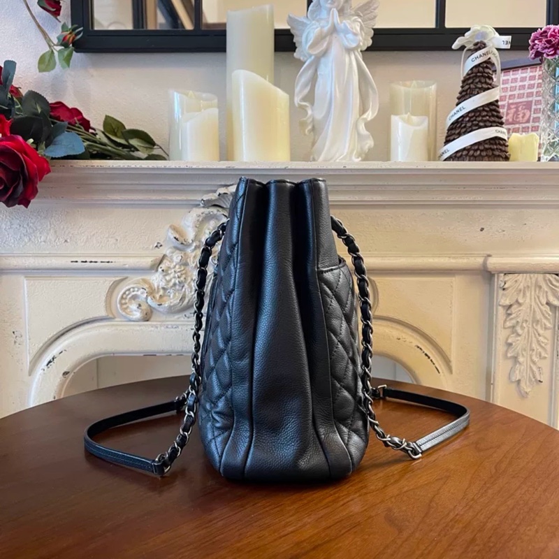 全網最低價😍Chanel黑銀復古荔枝牛皮托特單肩手提包-14