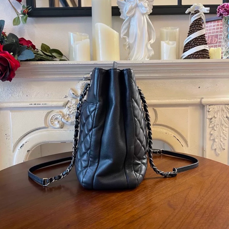 全網最低價😍Chanel黑銀復古荔枝牛皮托特單肩手提包-15