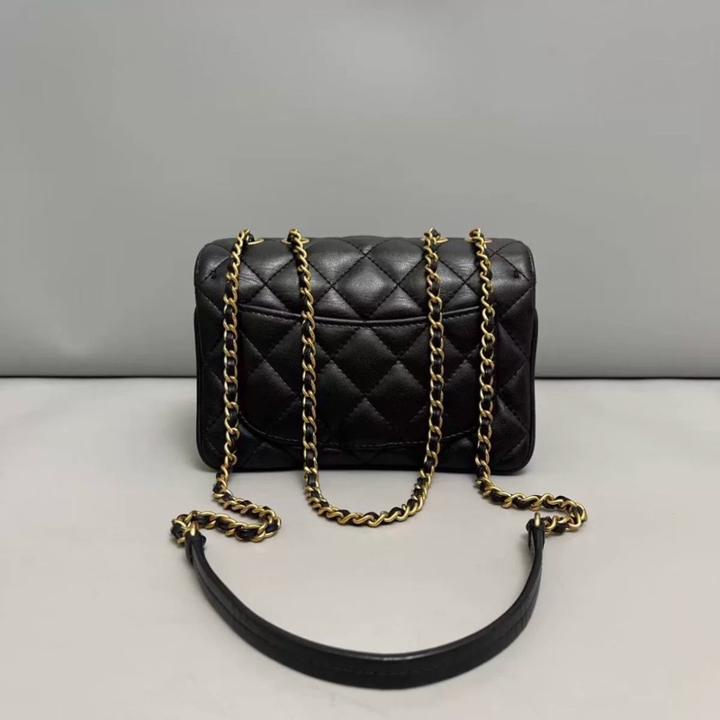 限量出售🆕Chanel黑金全皮迷你菱格紋風琴鏈條手提單肩斜挎包-9