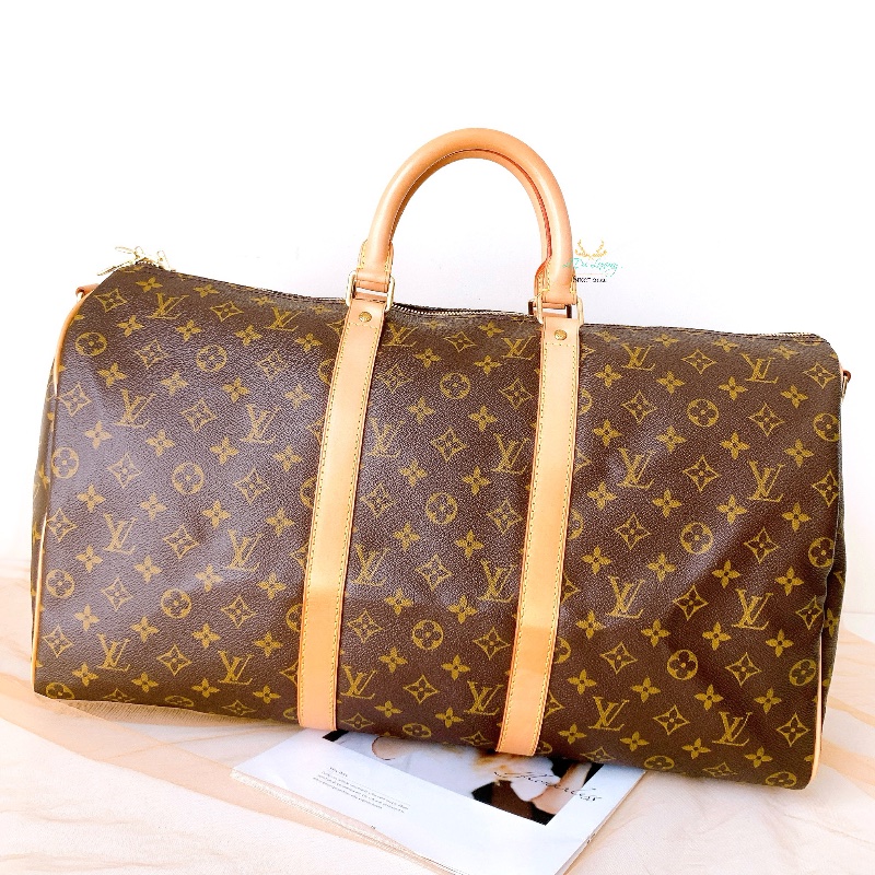 LV M41416 Keepall 50公分 字紋 咖啡老花 上拉鍊 旅行袋 行李袋 收納袋 登機包-0