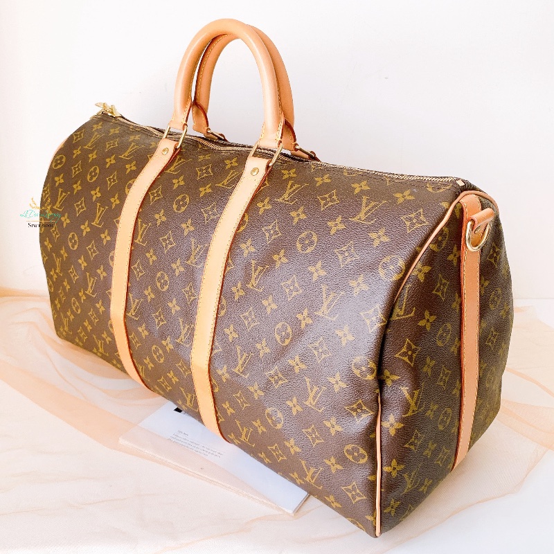 LV M41416 Keepall 50公分 字紋 咖啡老花 上拉鍊 旅行袋 行李袋 收納袋 登機包-1
