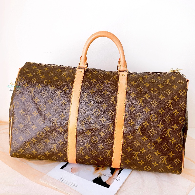 LV M41416 Keepall 50公分 字紋 咖啡老花 上拉鍊 旅行袋 行李袋 收納袋 登機包-2