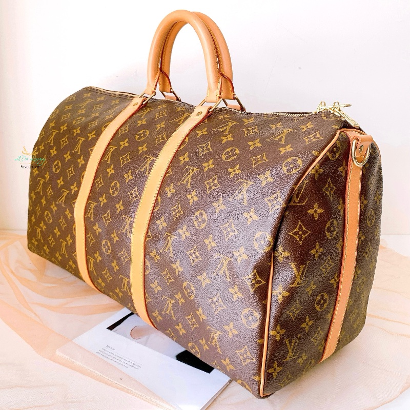LV M41416 Keepall 50公分 字紋 咖啡老花 上拉鍊 旅行袋 行李袋 收納袋 登機包-3