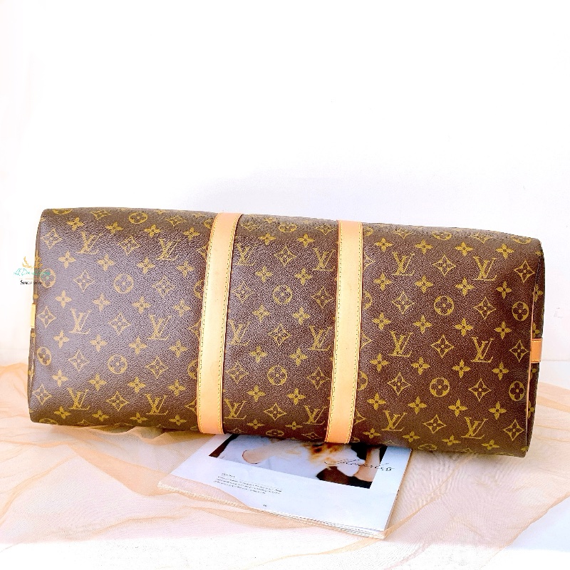 LV M41416 Keepall 50公分 字紋 咖啡老花 上拉鍊 旅行袋 行李袋 收納袋 登機包-4