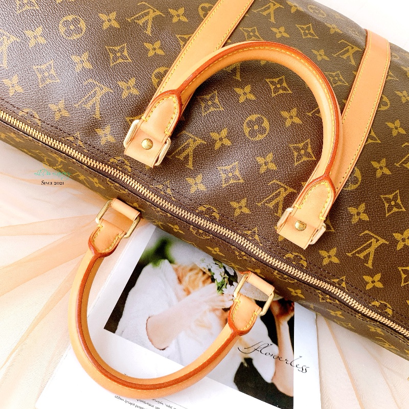 LV M41416 Keepall 50公分 字紋 咖啡老花 上拉鍊 旅行袋 行李袋 收納袋 登機包-7