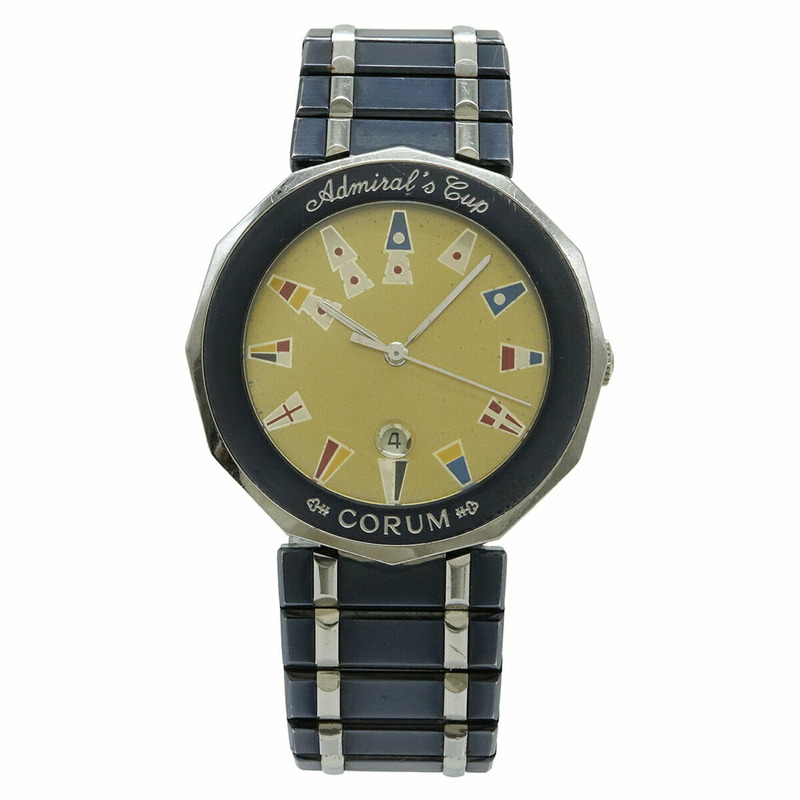 CORUM Admiral's Cup 槍藍色腕錶,金色錶盤,不鏽鋼日期顯示,男士石英腕錶,99.810.30 V-550-0