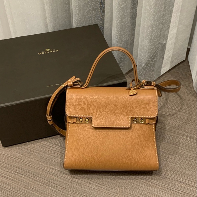 Delvaux德爾沃Tempete焦糖金棕色荔枝紋牛皮小號 尺寸約21*16~-0