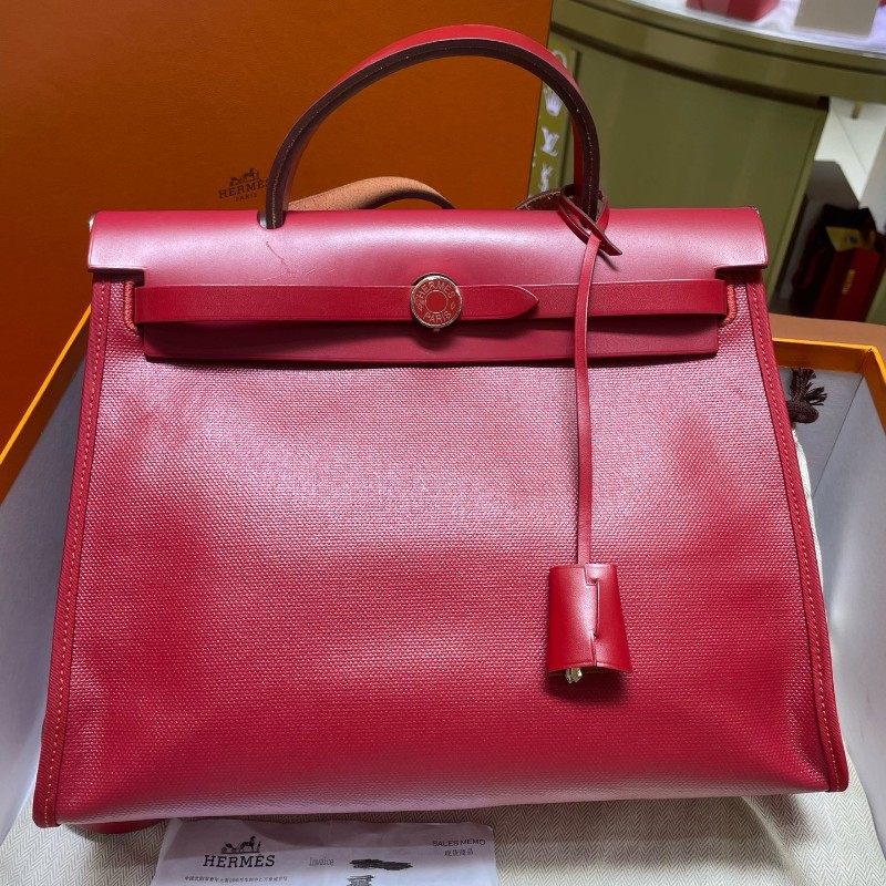 🈶盒子 票❤️愛馬仕/Hermes herbag31辣椒紅 單肩 防水布 肩背包 斜背包 D刻-0