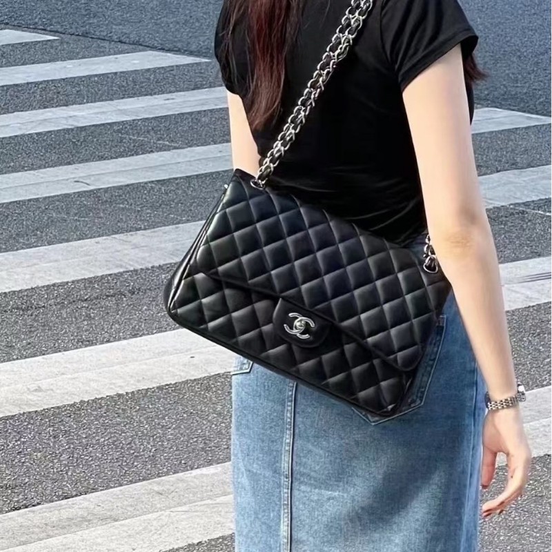 Chanel香奈兒黑銀羊皮CF jumbo 20開有身份卡 30×20cm-0