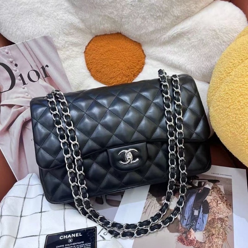 Chanel香奈兒黑銀羊皮CF jumbo 20開有身份卡 30×20cm-1
