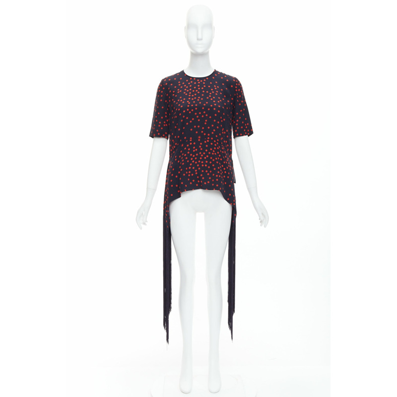 STELLA MCCARTNEY 2019 red navy silk polka dot fringe trim top IT38 XS-8
