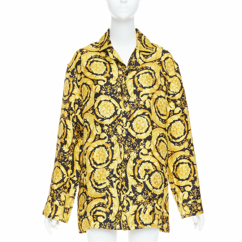 VERSACE 100% silk Signature Barocco Baroque black gold print pajama shirt Sz2 M-0