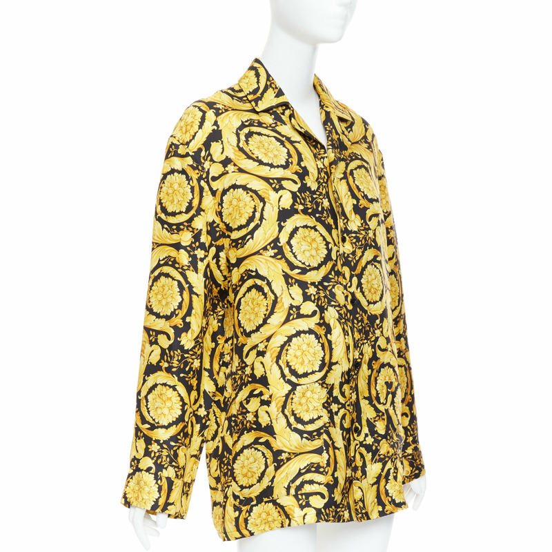 VERSACE 100% silk Signature Barocco Baroque black gold print pajama shirt Sz2 M-2