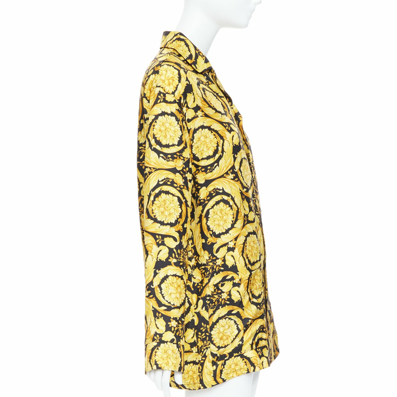 VERSACE 100% silk Signature Barocco Baroque black gold print pajama shirt Sz2 M-3