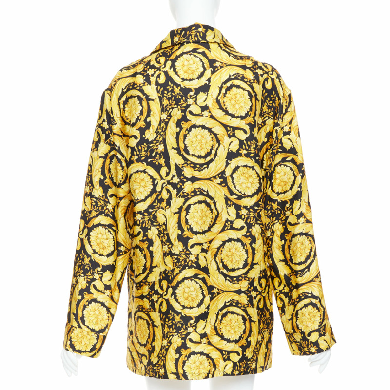 VERSACE 100% silk Signature Barocco Baroque black gold print pajama shirt Sz2 M-4