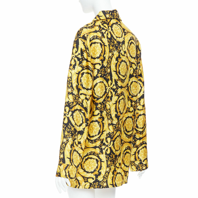 VERSACE 100% silk Signature Barocco Baroque black gold print pajama shirt Sz2 M-5