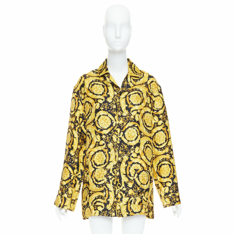 VERSACE 100% silk Signature Barocco Baroque black gold print pajama shirt Sz2 M-8