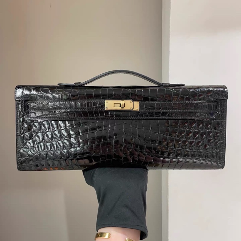 Hermes kellycut  黑色亮面鰐魚 淺金扣-0