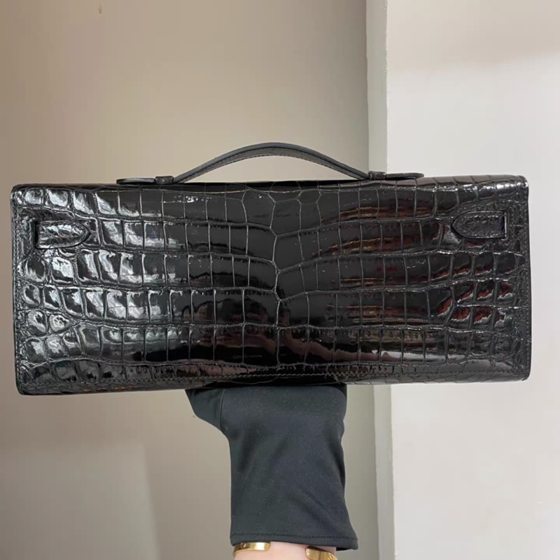 Hermes kellycut  黑色亮面鰐魚 淺金扣-1