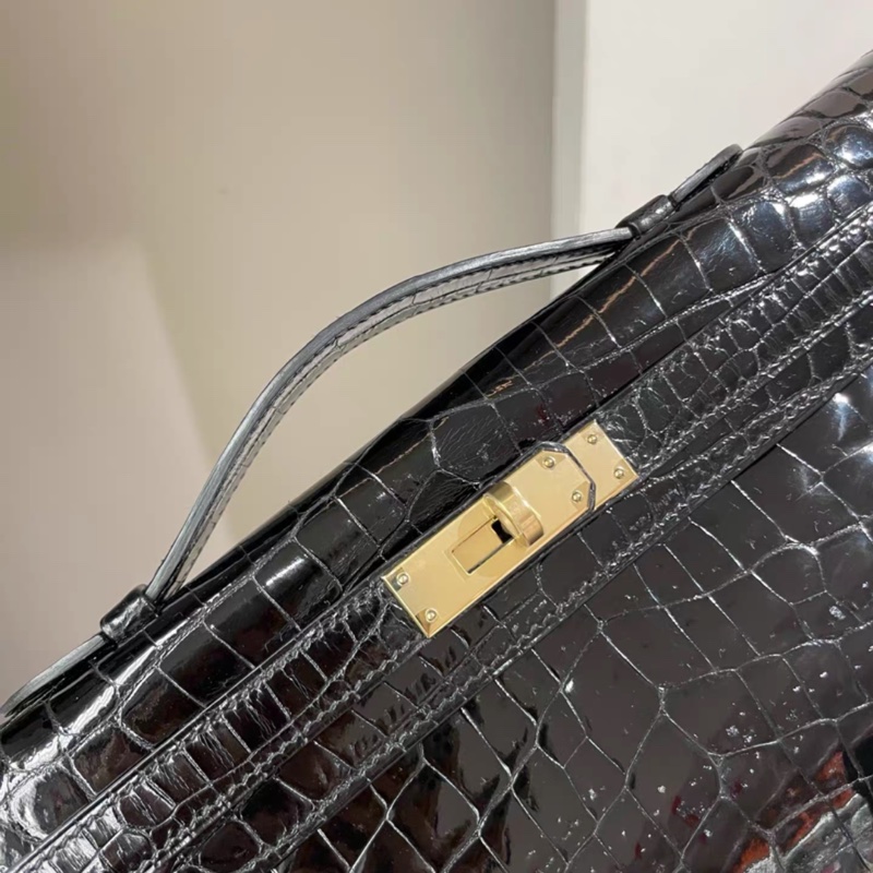 Hermes kellycut  黑色亮面鰐魚 淺金扣-4