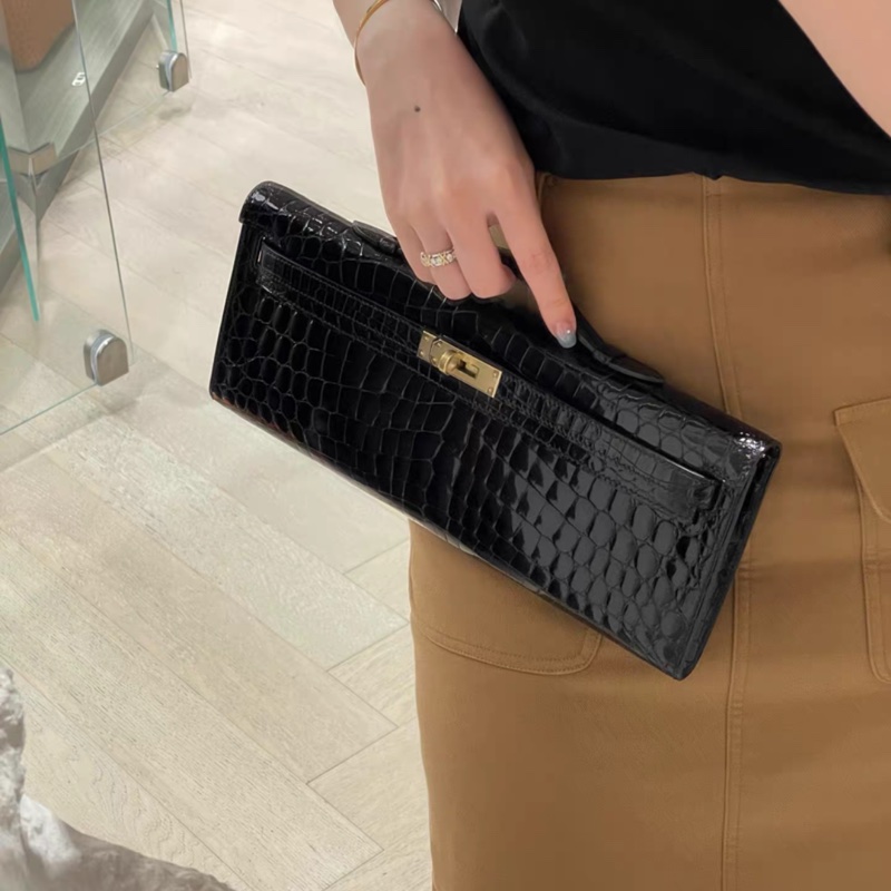 Hermes kellycut  黑色亮面鰐魚 淺金扣-6