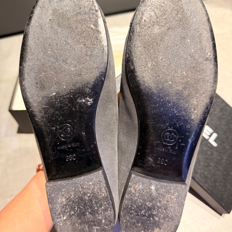 CHANEL 經典雙C logo平底芭蕾女鞋 娃娃鞋 38 灰色-6