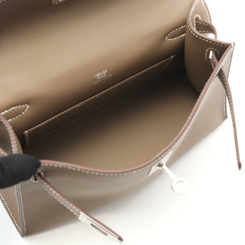 愛馬仕 Pochette Kelly 迷你手提包 049417CK Swift 皮革 Etoupe 灰色 二手 SHW-2
