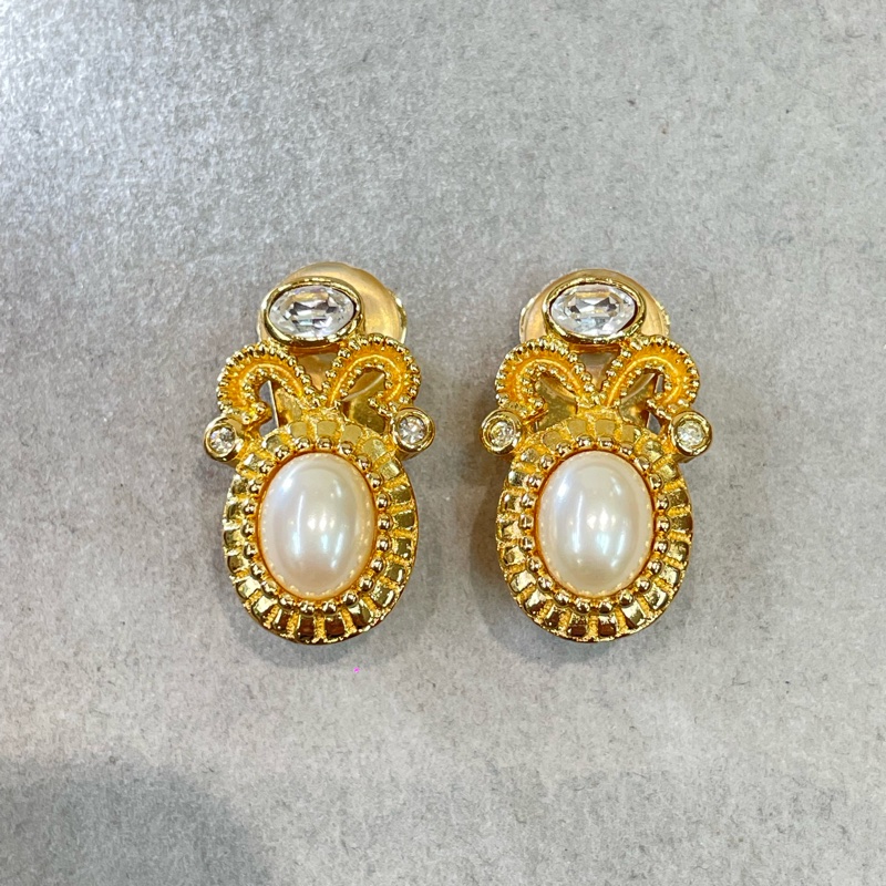 DIOR 中古珍珠水鑽耳夾 O760WH-1