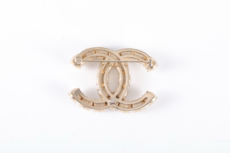 CHANEL(香奈兒) 合金 20B 雙C大logo 水鑽拼珍珠 金屬 胸針-3