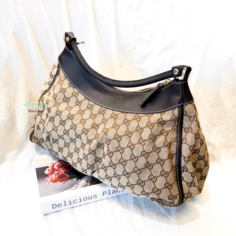GUCCI 189833 咖啡 雙G Logo 緹花布 上拉鍊 單肩包 腋下包-2