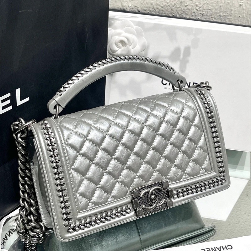 （已保留）Chanel手柄Leboy25金屬銀滾邊鏈條斜挎肩背包 全網唯一🔥99新閒置🉑遇不🉑求🉐特殊色🤍-10