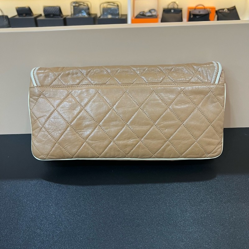 Chanel香奈兒Vintage中古2.55大方銀扣奶茶色鏈條包 肩背包 斜背包-1