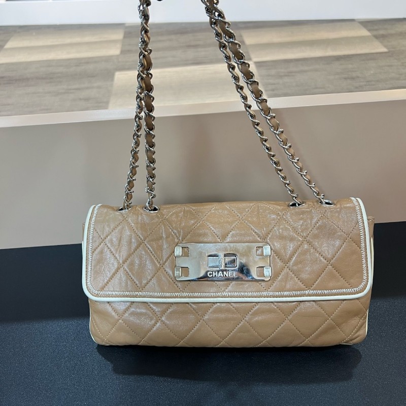 Chanel香奈兒Vintage中古2.55大方銀扣奶茶色鏈條包 肩背包 斜背包-7