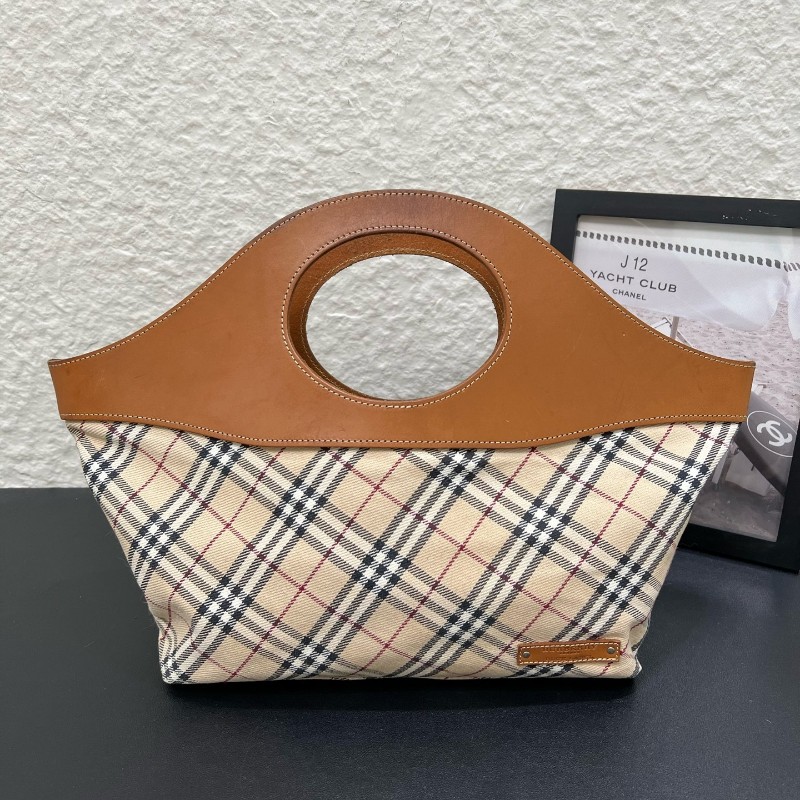 Burberry vintage復古格紋拼皮菜籃子手提包 中古系列藍標款 尺寸30x32x12cm-1