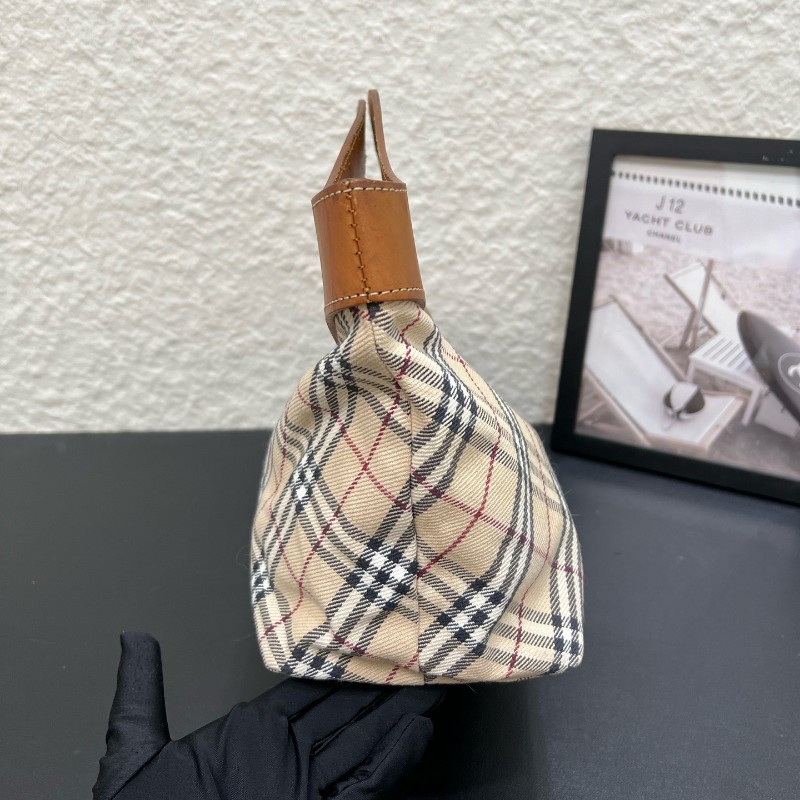 Burberry vintage復古格紋拼皮菜籃子手提包 中古系列藍標款 尺寸30x32x12cm-3