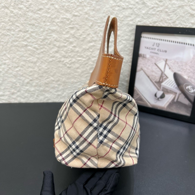 Burberry vintage復古格紋拼皮菜籃子手提包 中古系列藍標款 尺寸30x32x12cm-4