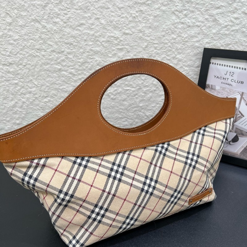 Burberry vintage復古格紋拼皮菜籃子手提包 中古系列藍標款 尺寸30x32x12cm-6