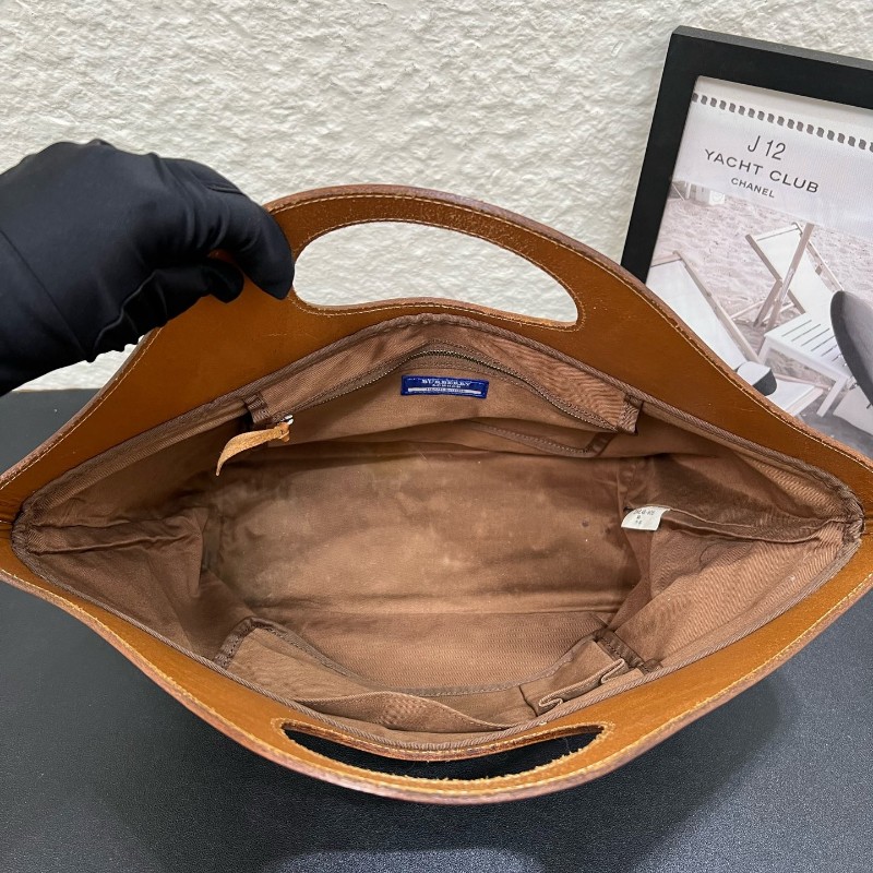 Burberry vintage復古格紋拼皮菜籃子手提包 中古系列藍標款 尺寸30x32x12cm-7