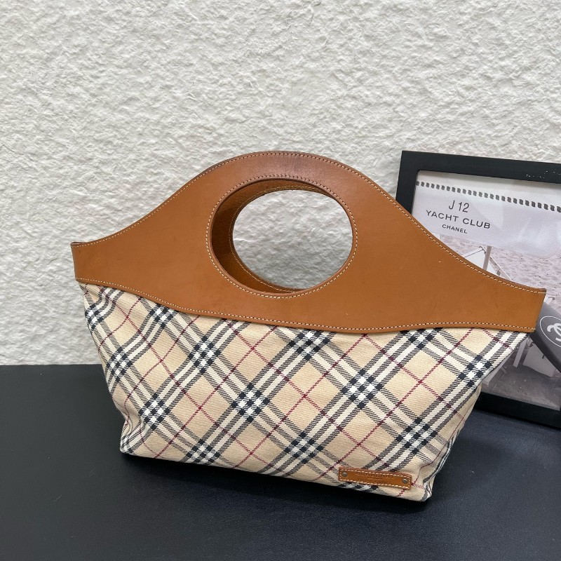 Burberry vintage復古格紋拼皮菜籃子手提包 中古系列藍標款 尺寸30x32x12cm-8