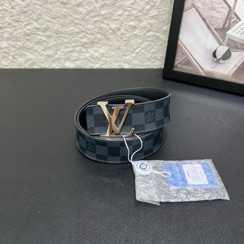 LV路易威登 棋盤格平滑扣雙面腰帶黑武士銀扣黑色老花 皮帶-0