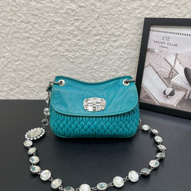 MIUMIU 蒂夫尼藍羊皮褶寶石鏈條 銀扣斜挎包單肩包 2way近現代款 可以雙面背-1