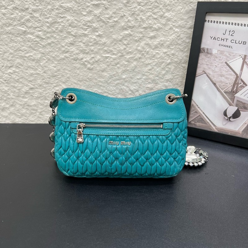 MIUMIU 蒂夫尼藍羊皮褶寶石鏈條 銀扣斜挎包單肩包 2way近現代款 可以雙面背-2