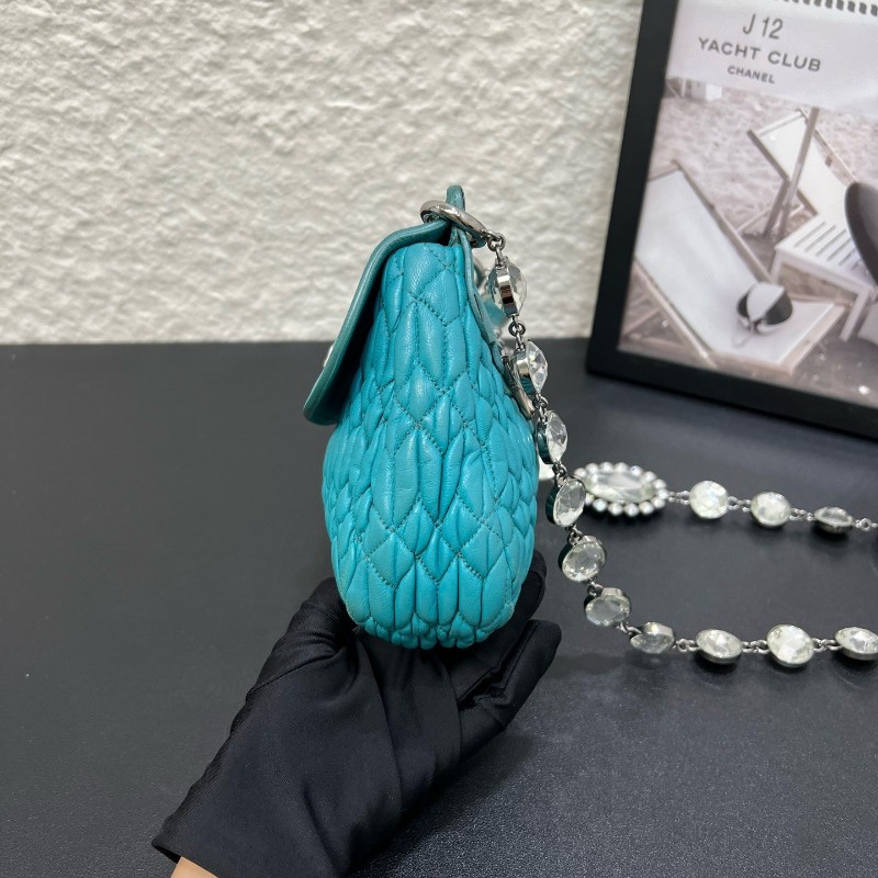 MIUMIU 蒂夫尼藍羊皮褶寶石鏈條 銀扣斜挎包單肩包 2way近現代款 可以雙面背-4